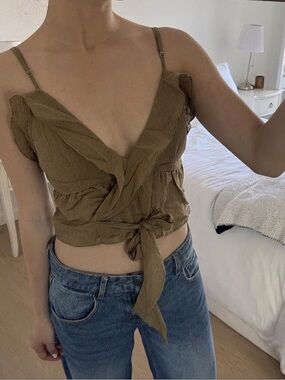 Zara Olive Green Tie-Front Ruffle Camisole